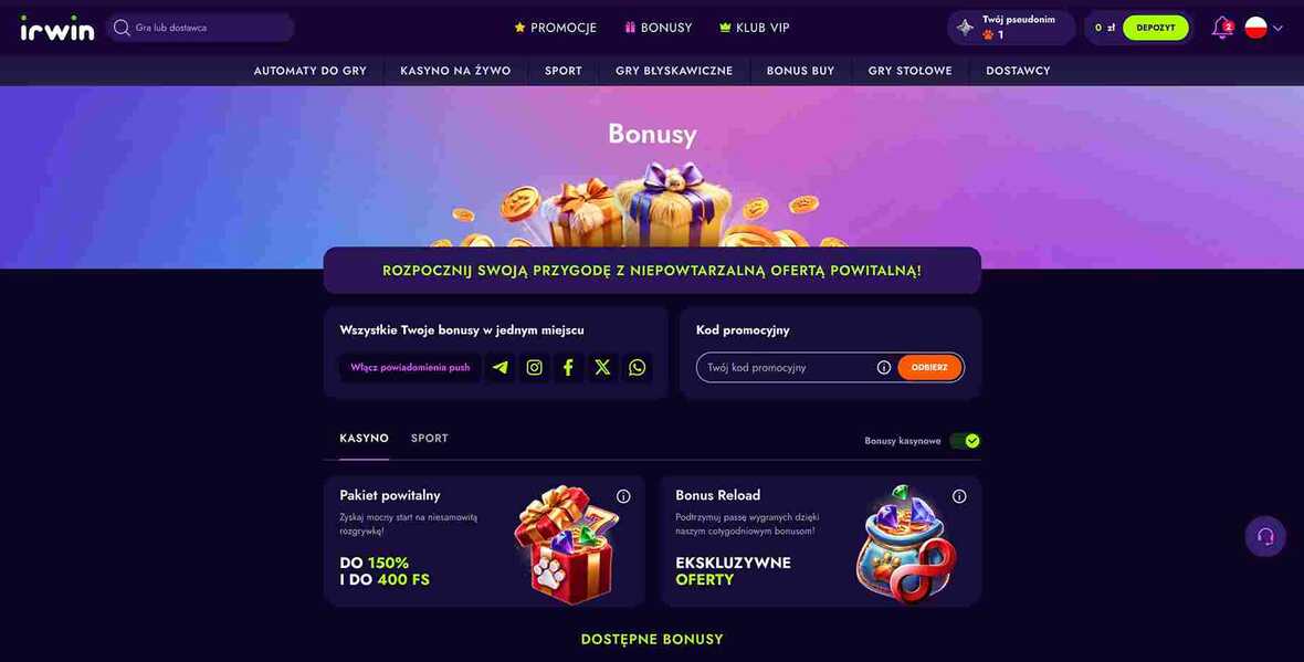Irwin kasyno bonusy