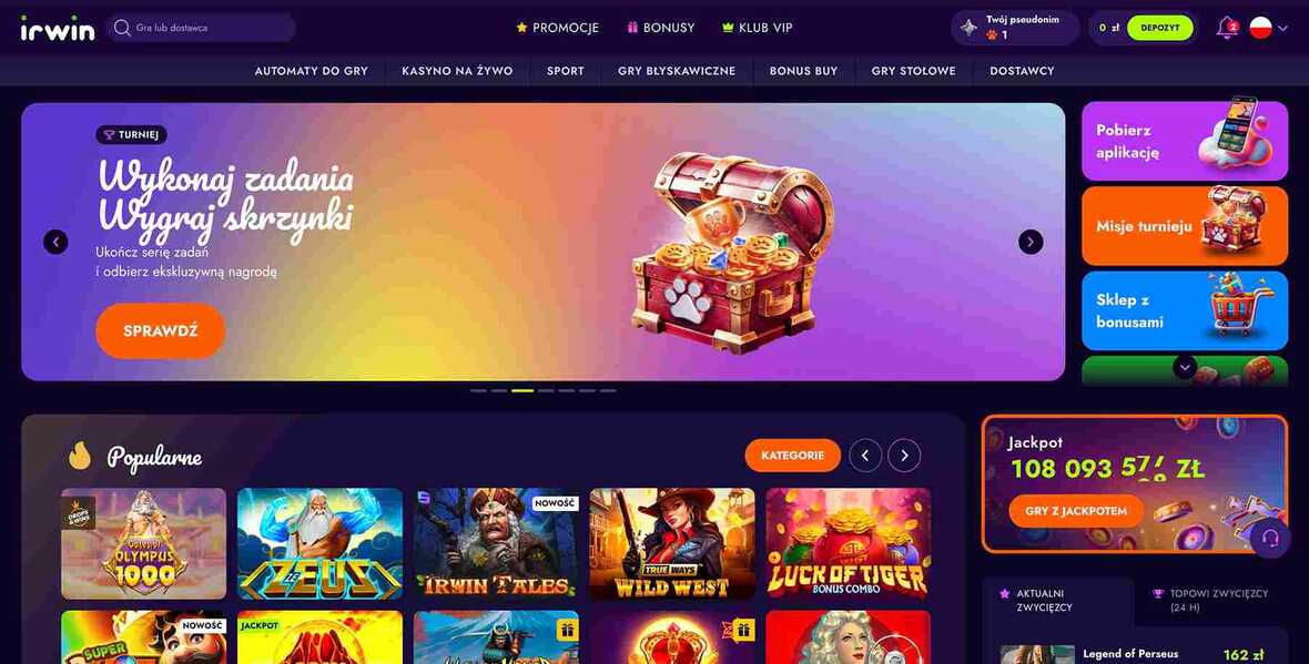 Strona gł&oacute;wna kasyna Irwin