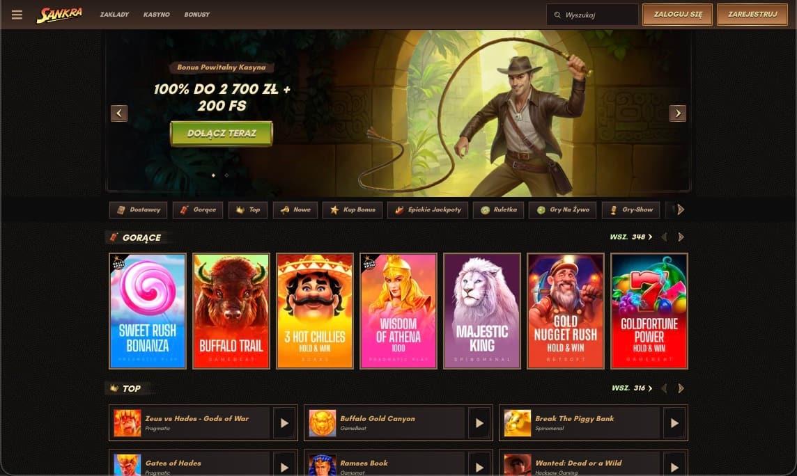 Strona gł&oacute;wna kasyna Sankra