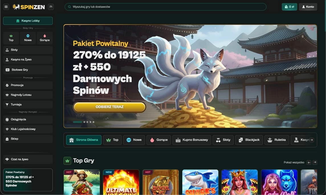 Strona gł&oacute;wna kasyna Spinzen