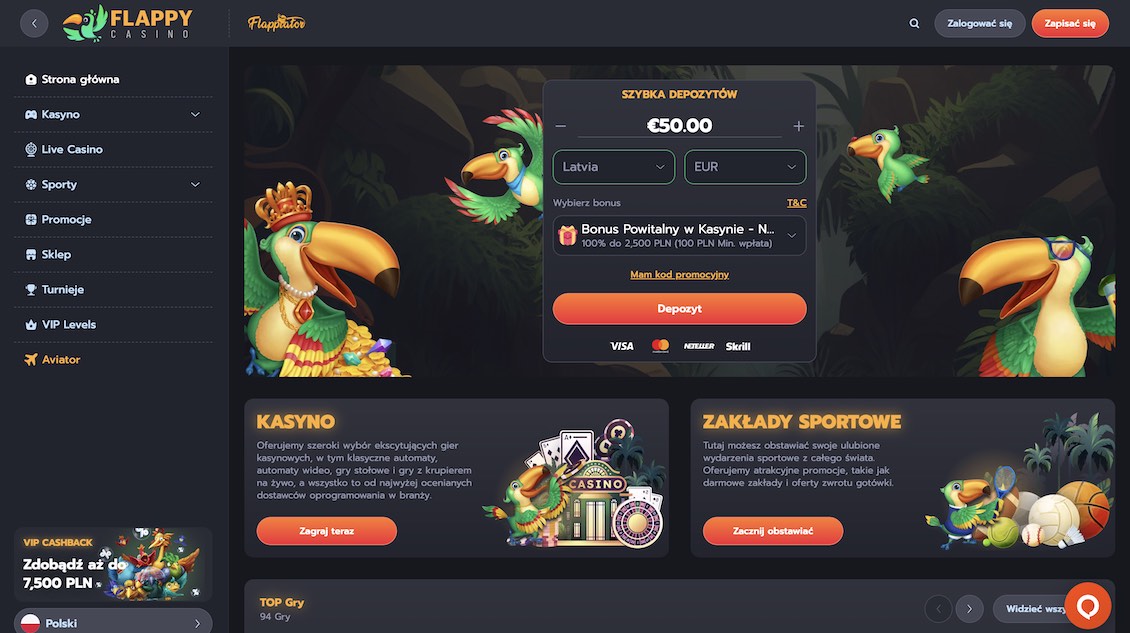 Strona gł&oacute;wna kasyna Flappy