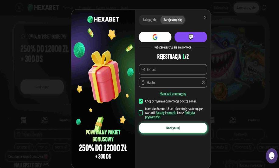 Zrzut ekranu z procesu rejestracji w kasynie Hexabet - krok 2