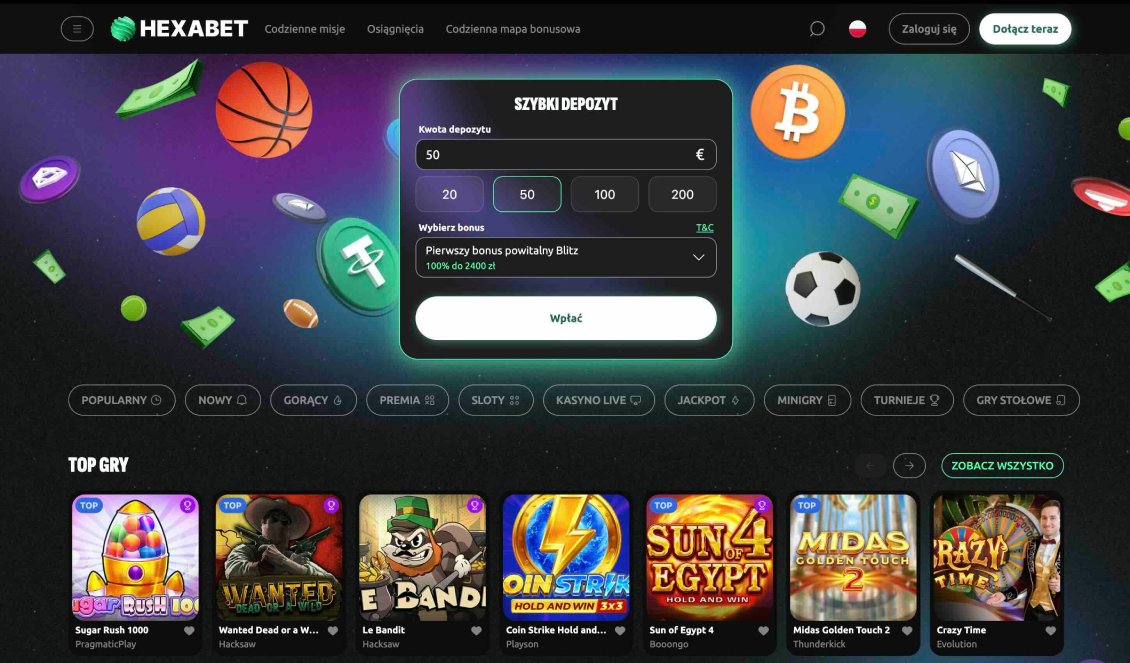 Obraz strony gł&oacute;wnej kasyna Hexabet