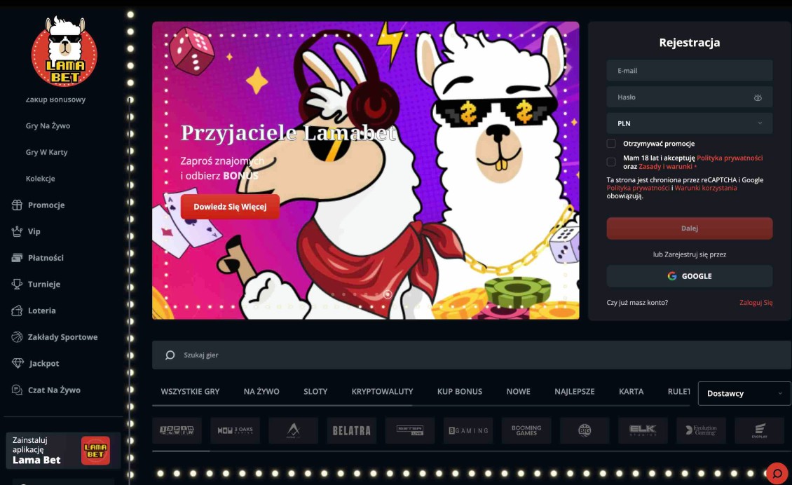 Obraz strony gł&oacute;wnej kasyna Lamabet