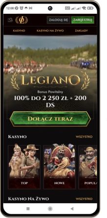 Mobilny zrzut ekranu strony gł&oacute;wnej kasyna Legiano