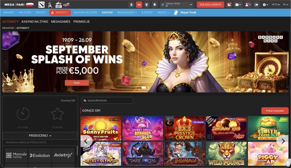 Strona gł&oacute;wna kasyna Megapari