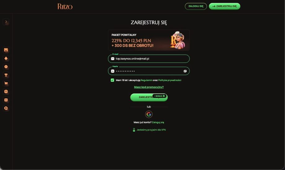 Rejestracja w kasynie Ritzo - krok 3