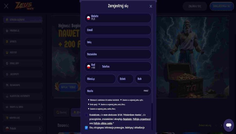 Rejestracja w Flappy Casino - krok 2