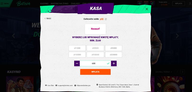 Przechodzimy do bukmachera / kasyna i wybieramy opcję depozytu poprzez Neosurf