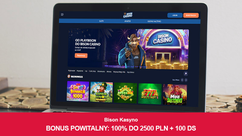Strona gł&oacute;wna Bison Casino na ekranie laptopa