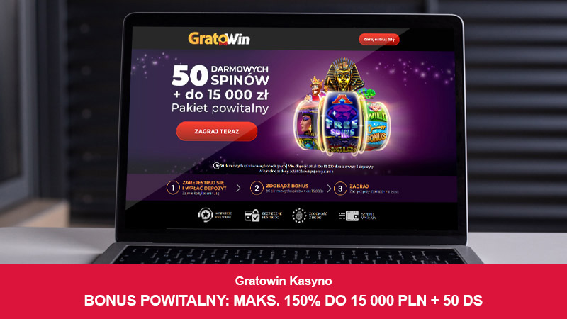 Strona gł&oacute;wna kasyna Gratowin na ekranie laptopa