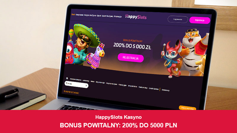 Strona gł&oacute;wna kasyna HappySlots na ekranie laptopa